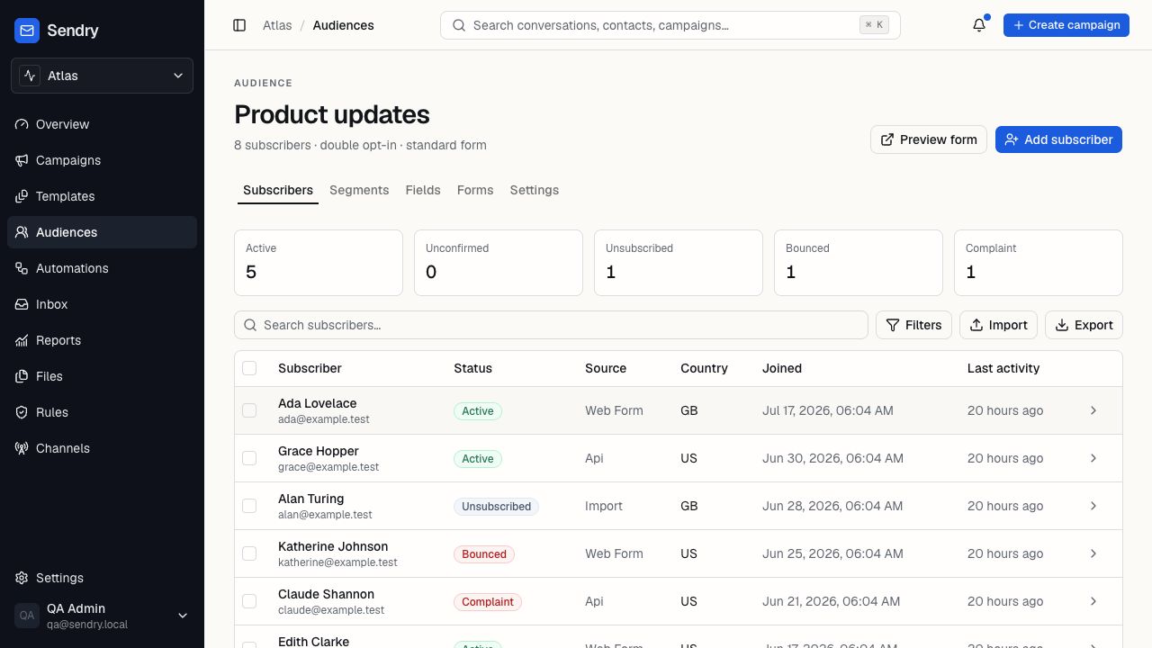Sendry audience detail with subscriber lifecycle states, filters, import, export, segments, fields, and forms