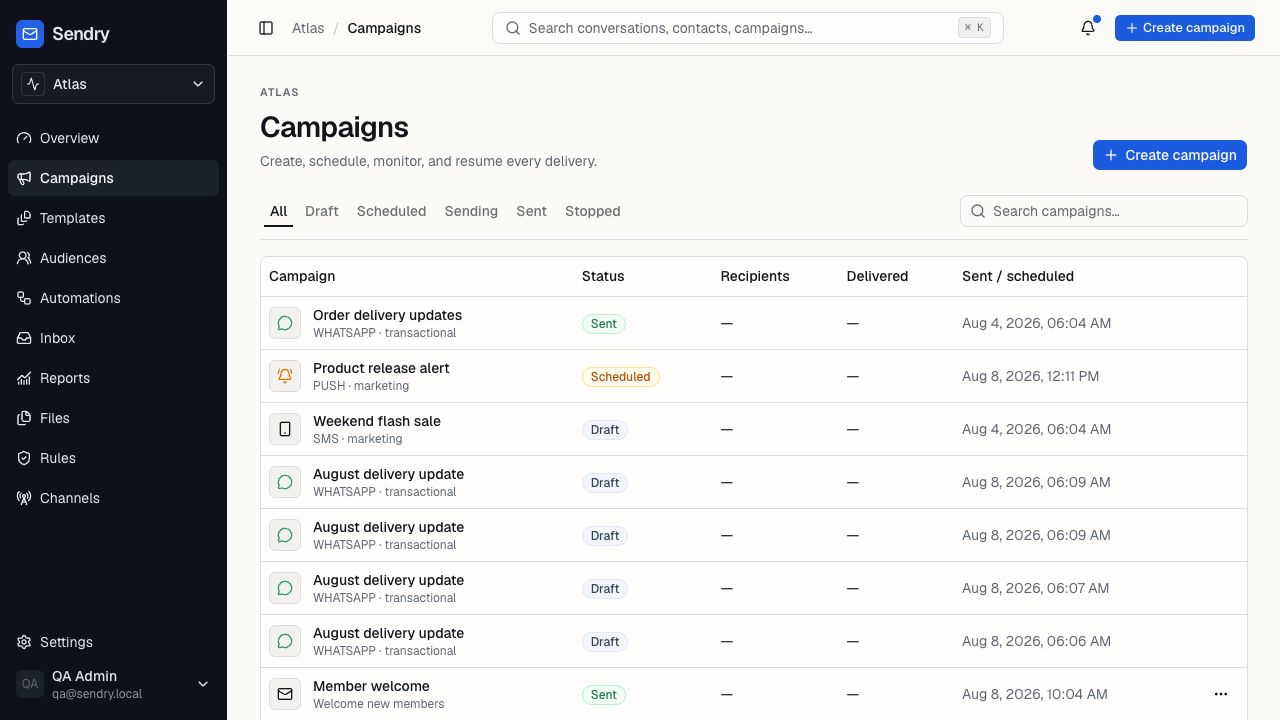 Campaign table with multichannel delivery status and scheduling information