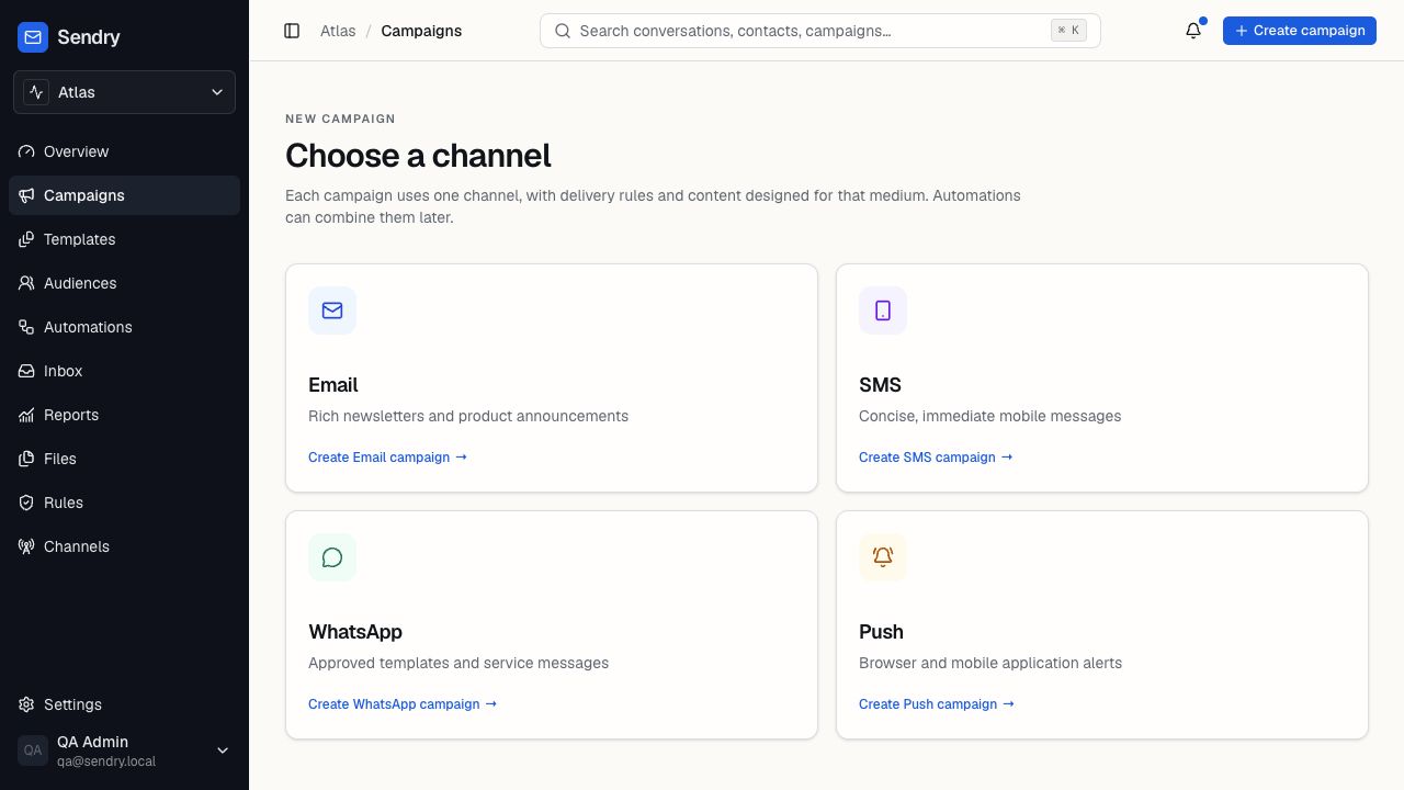 Sendry new campaign screen with email, SMS, WhatsApp, and push channel choices