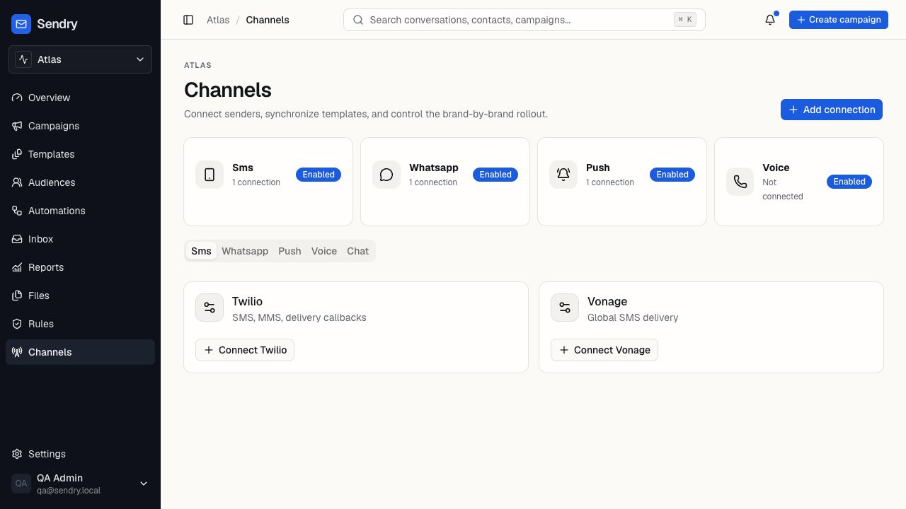 Sendry channels page showing SMS, WhatsApp, push, voice, Twilio, and Vonage configuration