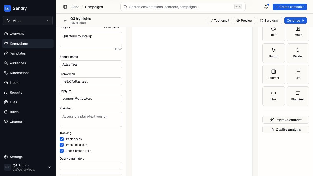 Sendry campaign composer with sender controls, editing canvas, content blocks, tracking, and AI tools