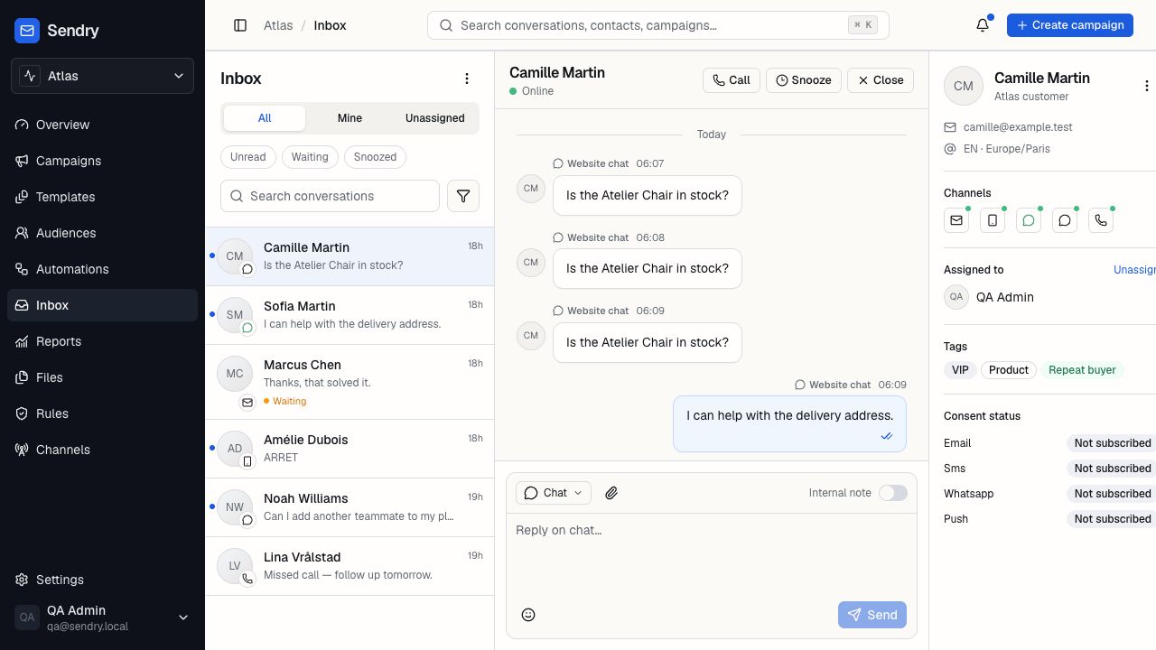 Sendry unified inbox showing conversation queues, a web chat, assignment, customer channels, and consent status