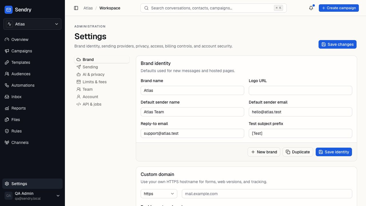 Sendry workspace and brand settings